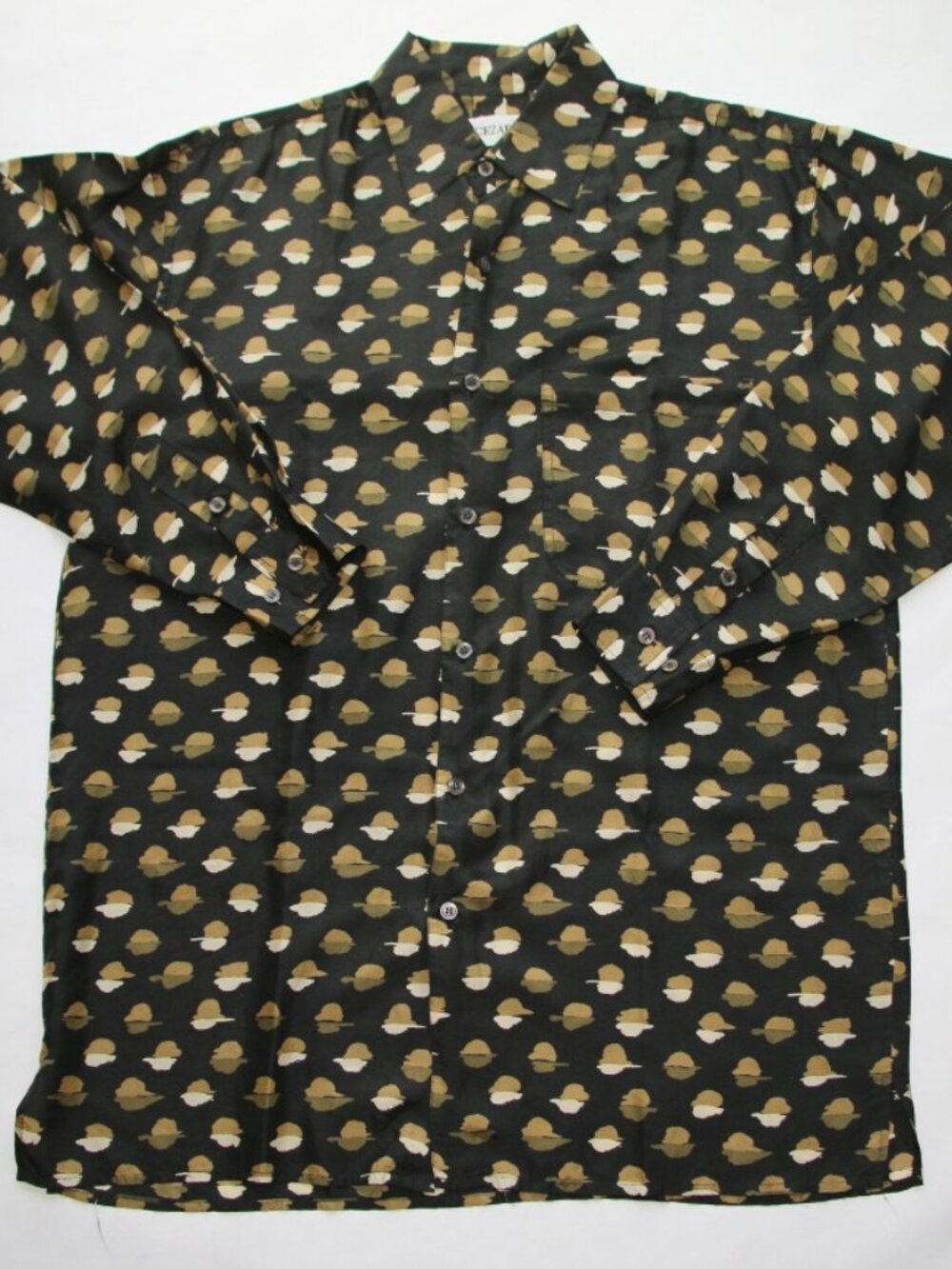 VINTAGE CESAR 100% Silk Shirt Size M Black w/ Tan & Cream Flourishes - LS